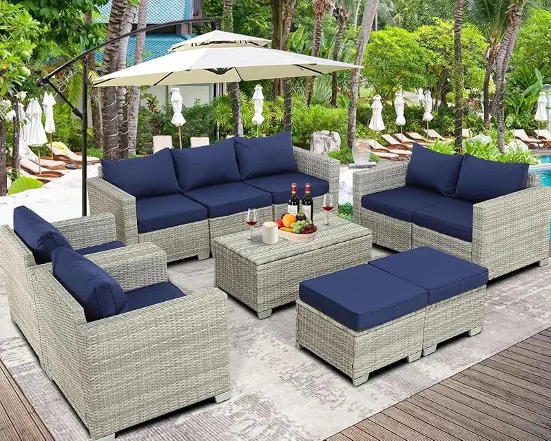 Qoutdoor PE wicker patio furniture rattan sectional loveseat couch set conversation sofa with storage box for balcony lawn a