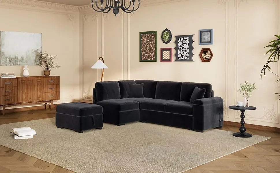 Sleeper Sectional Sofa Bed with Storage Ottoman & Hidden Arm Storage, Sectional Corner Couch Sofa-Bed for Living Room