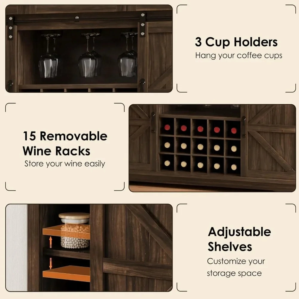 Mueble bar de café estilo granja con espacio de almacenamiento, mueble buffet de 54 pulgadas con 3 cajones, mueble bar para vinos, muebles de bar para el hogar