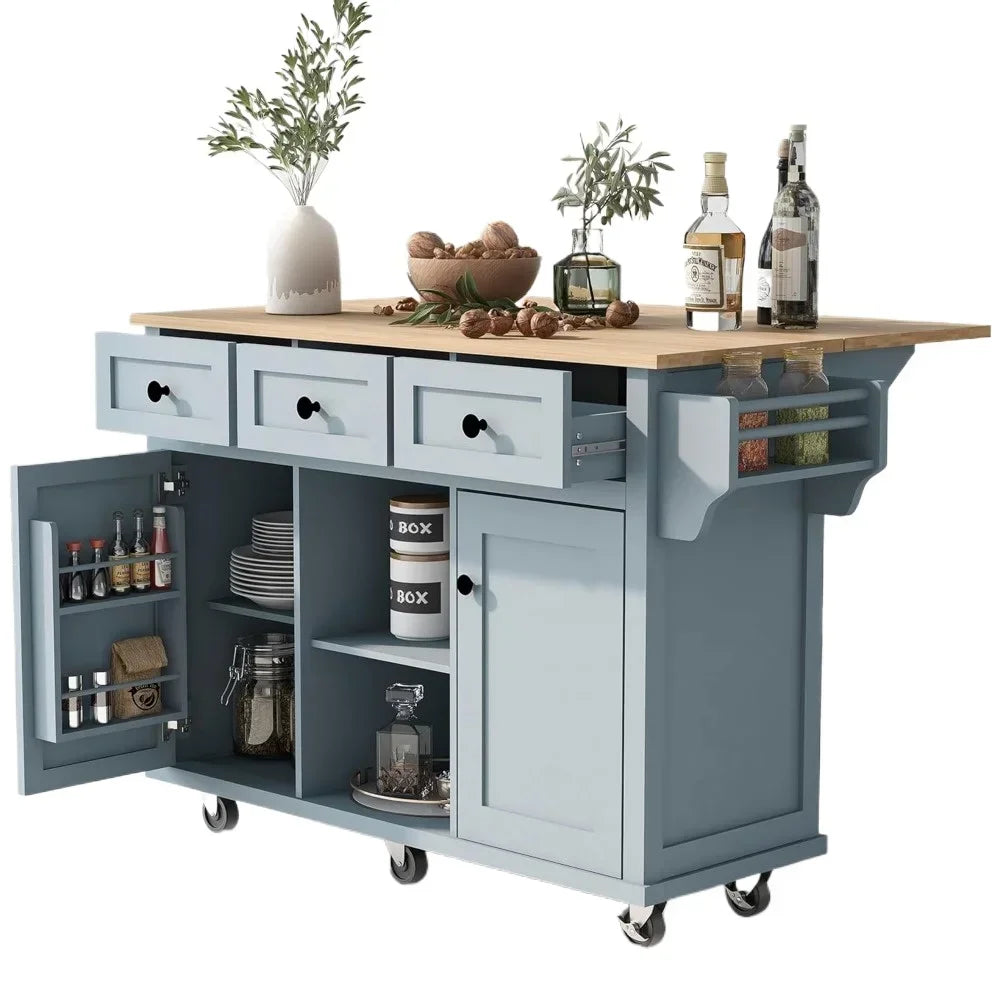 table d'îlot de cuisine, îlot de cuisine avec abattant, îlot de cuisine en bois sur roulettes avec supports de rangement internes (gris bleu, 53,1" de profondeur)