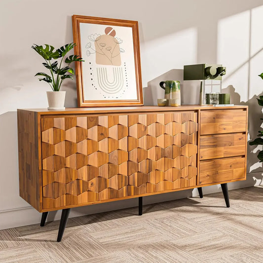 Buffet en bois massif 2 portes et 3 tiroirs, meuble à motifs géométriques pour cuisine, salle à manger, salon, teck marron