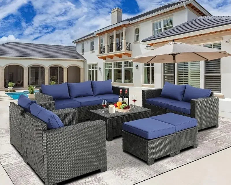 Qoutdoor PE wicker patio furniture rattan sectional loveseat couch set conversation sofa with storage box for balcony lawn a