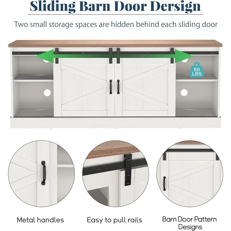 Mueble de TV estilo granja y centro de entretenimiento para televisores de hasta 75", consola y mueble multimedia con espacio de almacenamiento, 67", color blanco