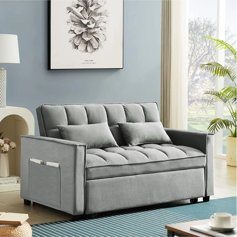 3 in 1 Modern Velvet Recliner Futon Sofa with Pullout Bed, Small Couple Seat Lounge Sofa, Living Room Furniture, Gray