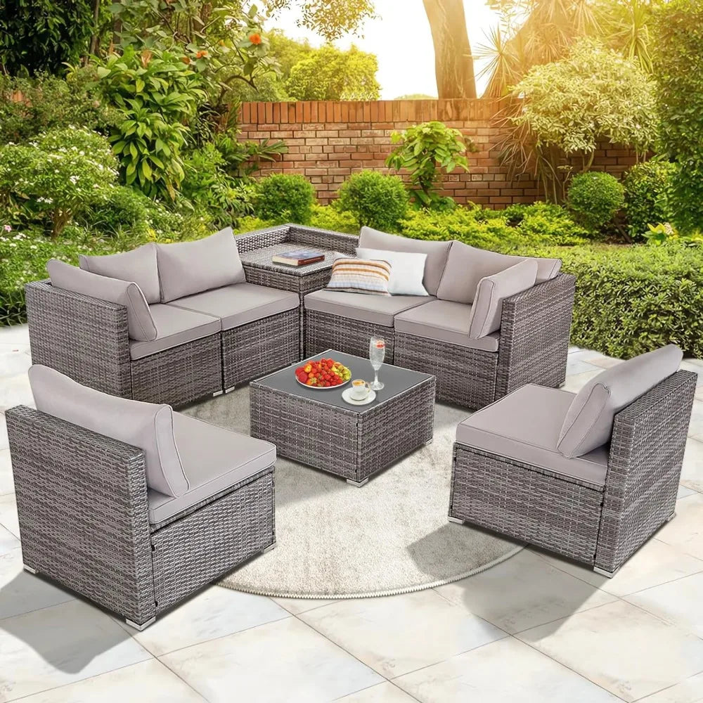 7 Pieces Patio Furniture Set,Wicker Outdoor Conversation Set,Washable Cushions & Glass Coffee Table for Porch Poolside Backyard