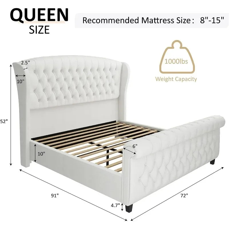 Queen Size Platform Bed Frame, Chenille Upholstered Sleigh Bed with Scroll Wingback Headboard & Footboard/Button Tufted