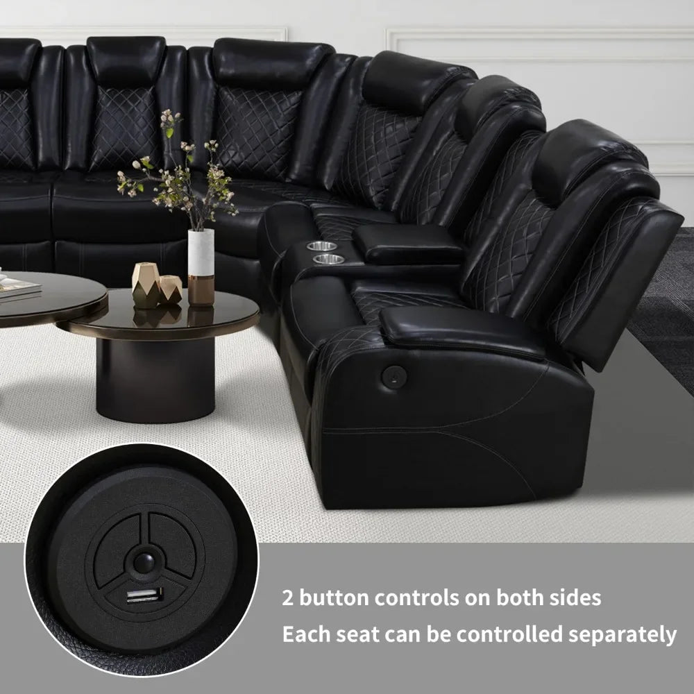 recliner，Power Recliner Sofa Sectional Couches with LED Light for Living Room,Leather Reclining Corner Sectional Sofa Set