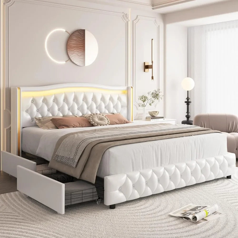 Marco de cama con plataforma LED inteligente King con 4 cajones de almacenamiento, cabecero con alas con botones de cristal y detalles en oro inoxidable, camas