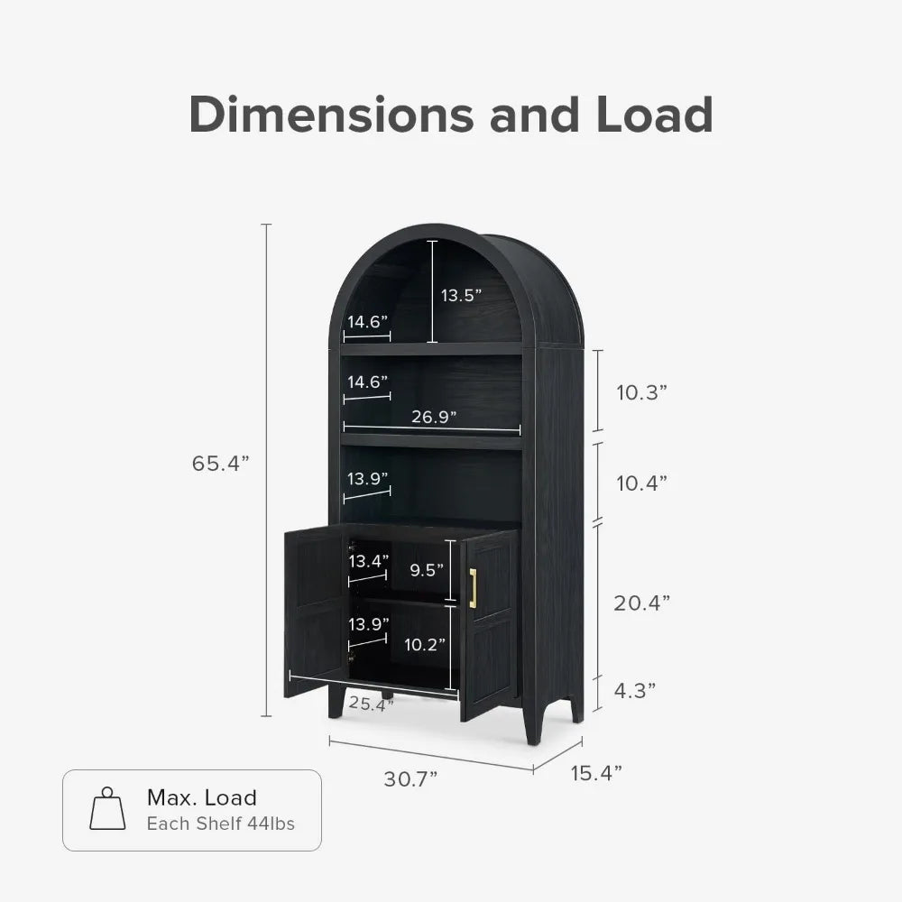 Gabinete arqueado corto Lauren de 65,4", estantería arqueada de 5 niveles con puertas y estantes, miniestantería arqueada con almacenamiento