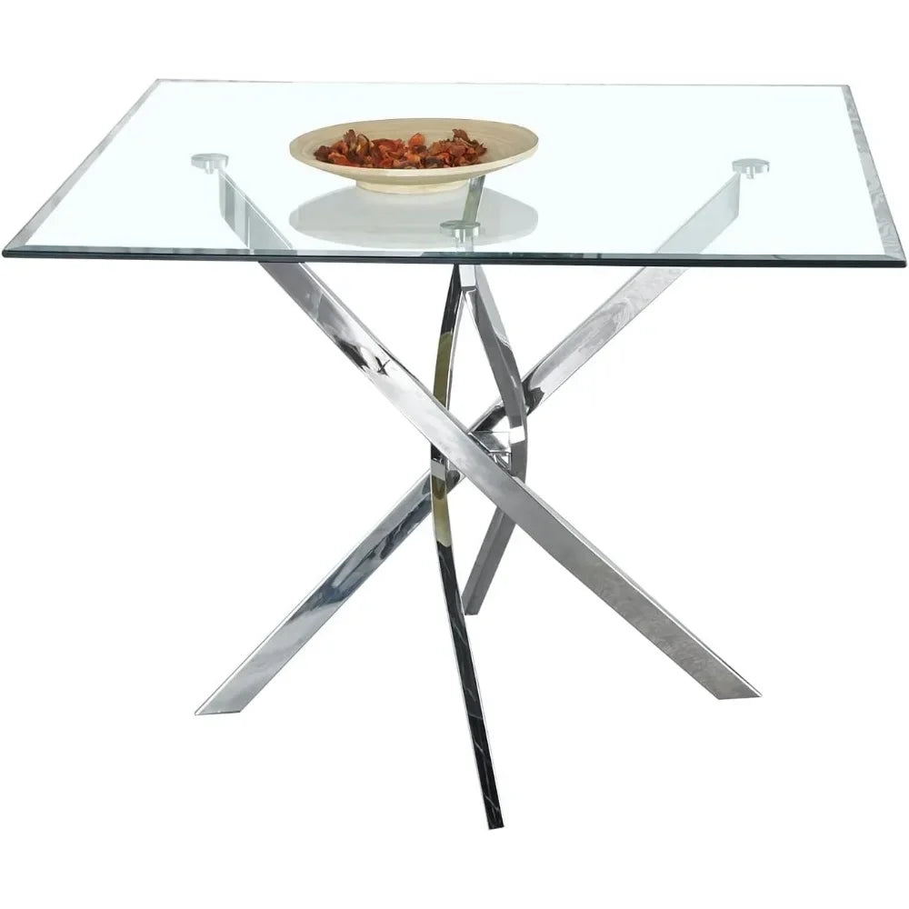 Table à manger carrée en verre avec plateau en verre trempé et pieds en acier inoxydable, table de cuisine carrée moderne en verre de 36 po