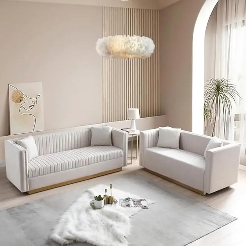 Velvet Channel Tufted Sofa Set with Nailhead Trim and Gold Metal Legs Modern Living Room Furniture Apartments Sturdy Wood Frame