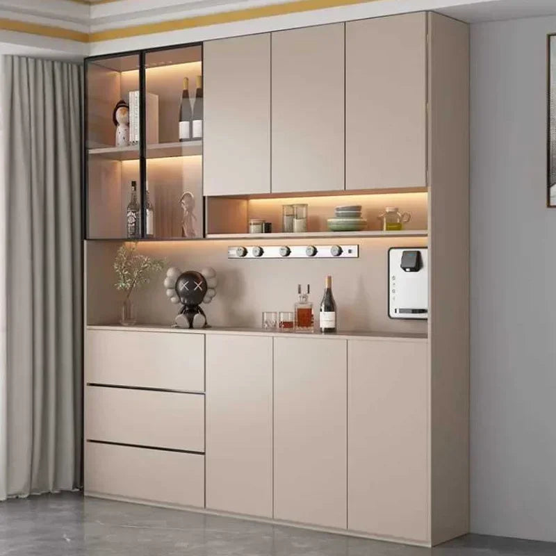 Grande armoire de cuisine moderne, buffet de rangement, garde-manger de cuisine autonome avec portes et tiroirs en verre, buffet