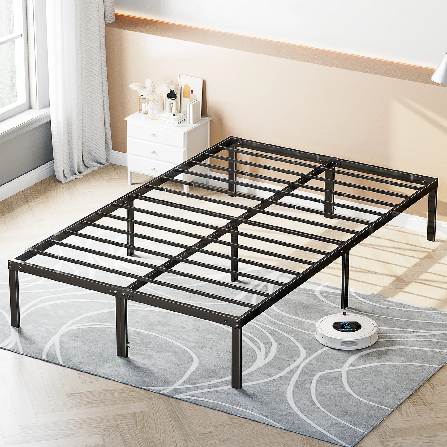 JHK - Marco de cama básico con plataforma de metal, marcos para dormitorio con espacio de almacenamiento, protección para el piso, soporte de listones de acero resistente, 350 libras