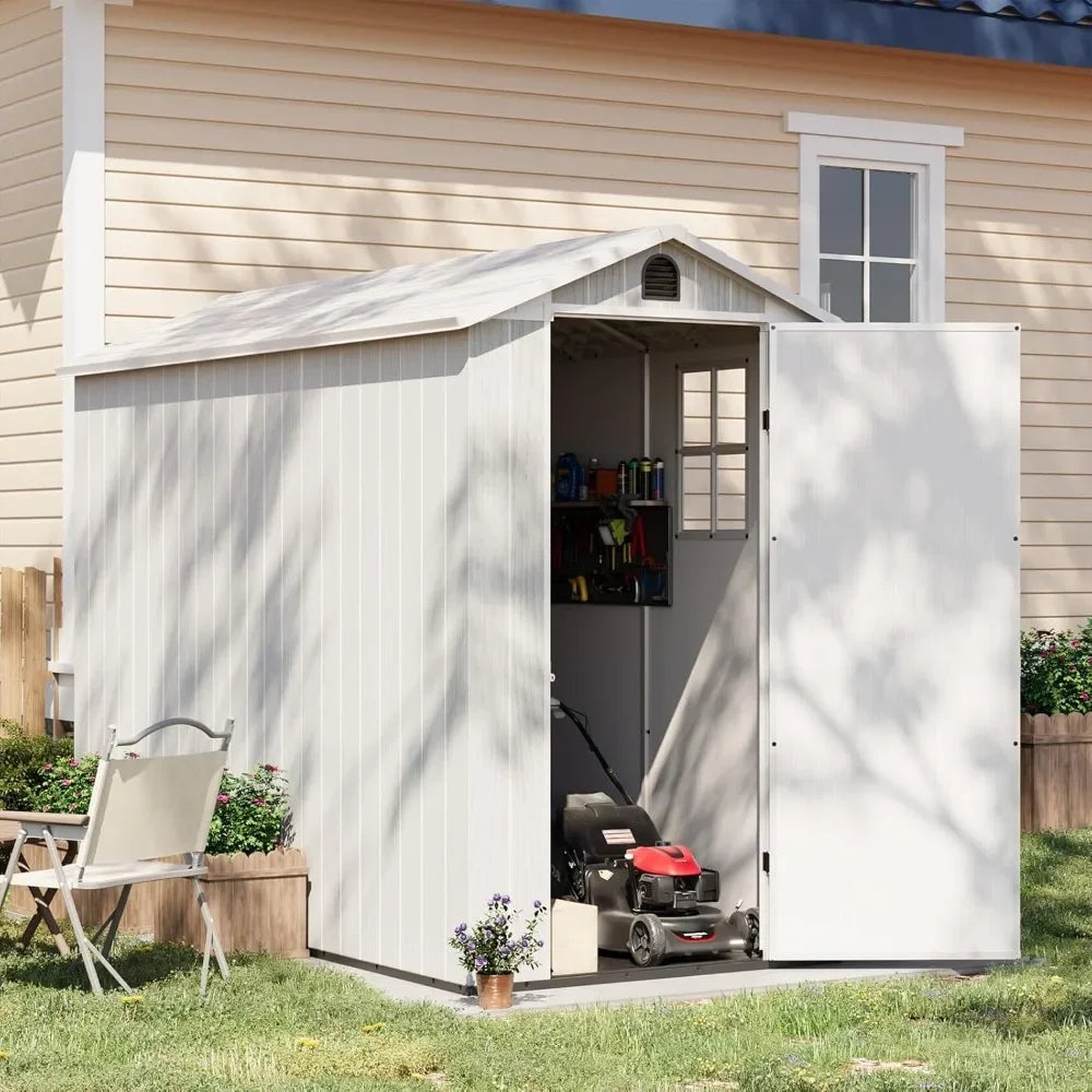 4 x 8 FT Plastic Outdoor Storage Shed with Floor, Resin Outside Shed with Windows and Lockable Door for Backyard