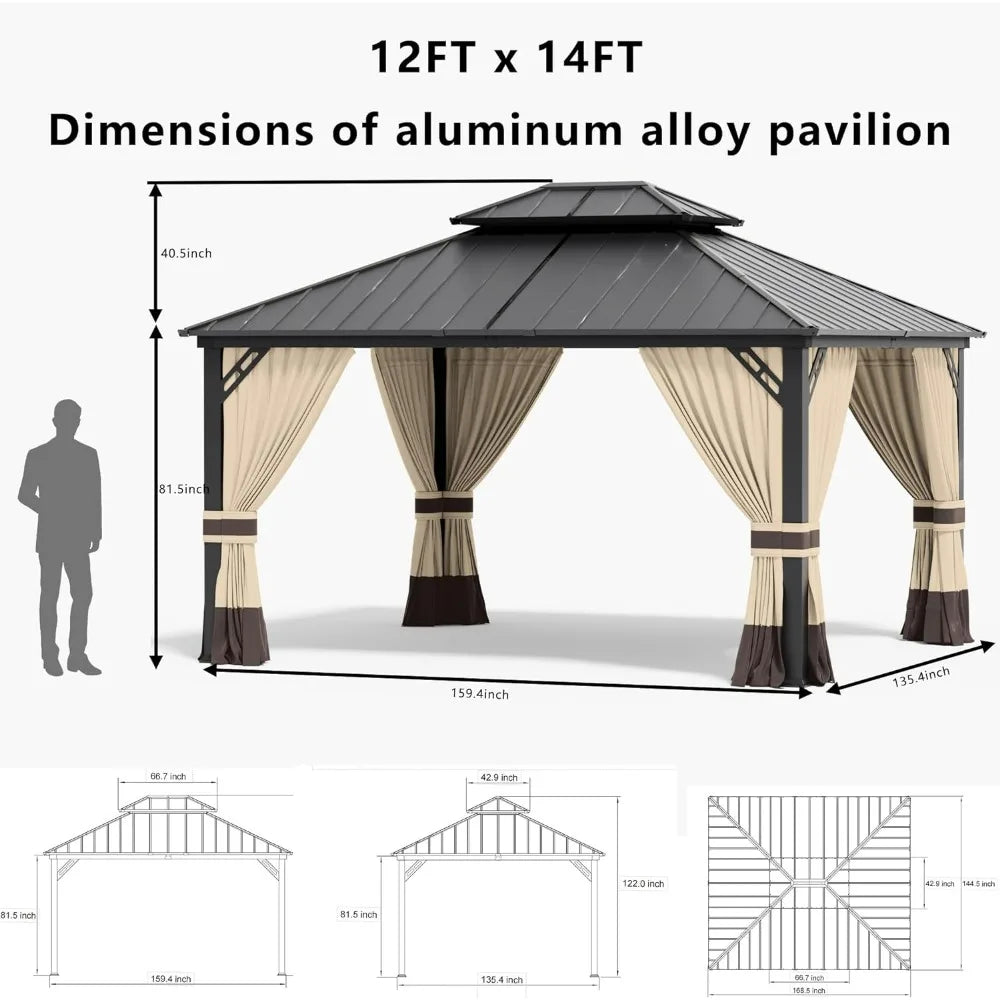 Gazebo de techo rígido con techo doble, pabellón exterior de 12 x 14 pies con carpa de jardín con estructura de hierro de 2 capas, adecuado para patios y patios traseros