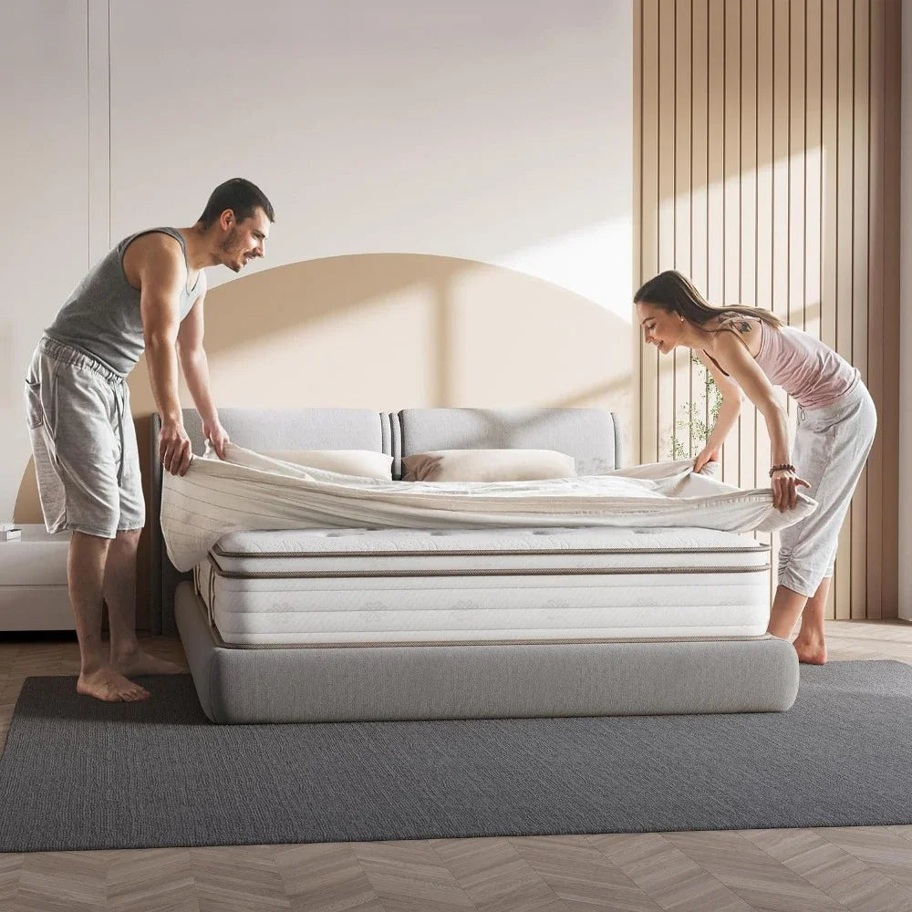 Queen Mattress 12 Inch Sleep Cooler Eggshell Memory Foam and 7 Zone Pocket Innerspring Hybrid Mattress Medium Firm Mattresses