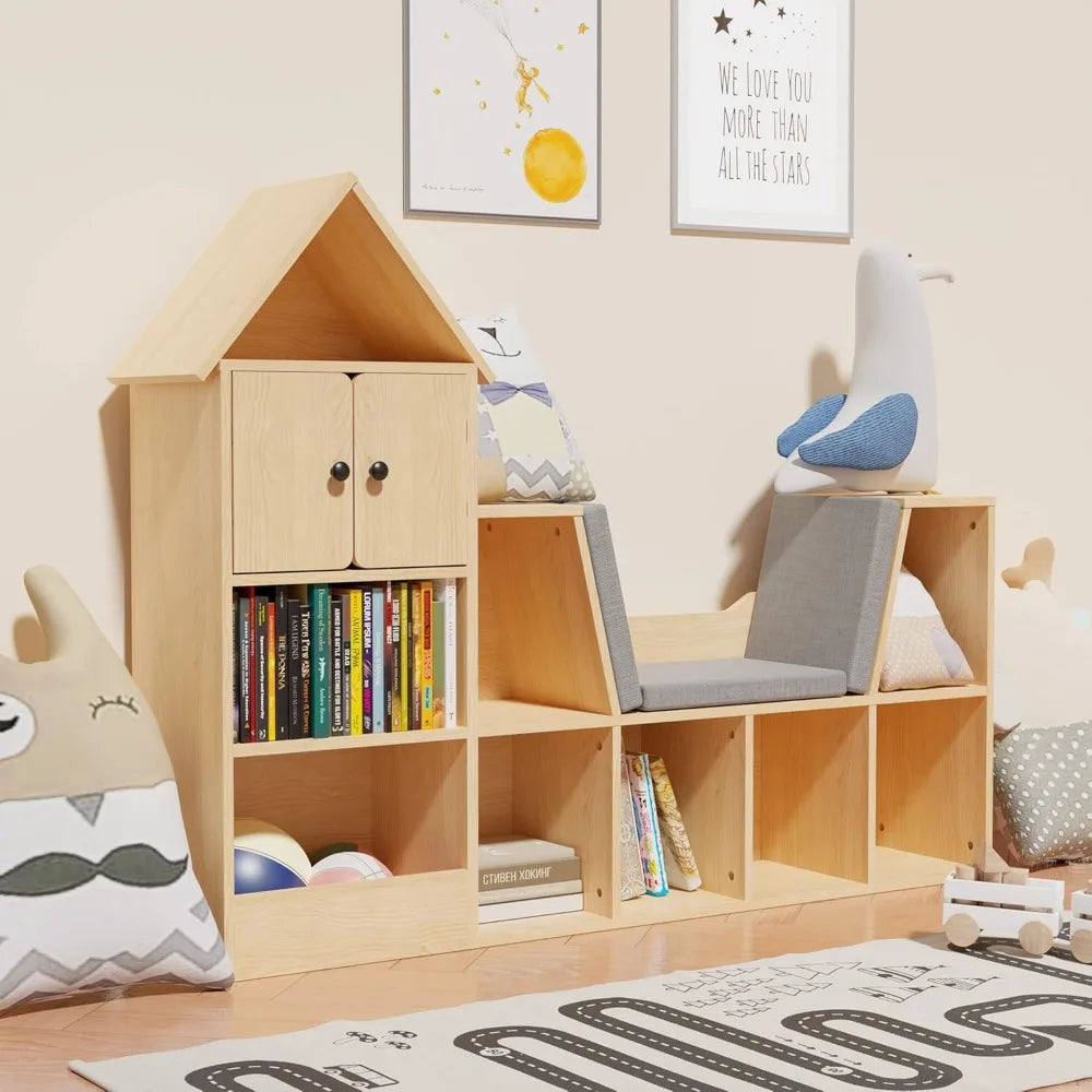 56.9" Wooden Kids Bookshelf with Reading Nook, Kids Bookcase with Detachable Cushions,Toy Storage Organizer with 9 Cubes