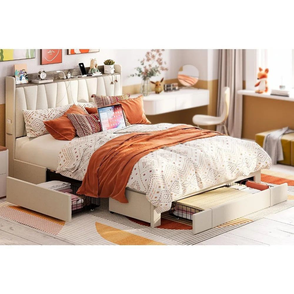 Bed Frame with 3 Drawers, Upholstered Platform Bed with Storage Headboard and Charging Station, No Box Spring NeededLM