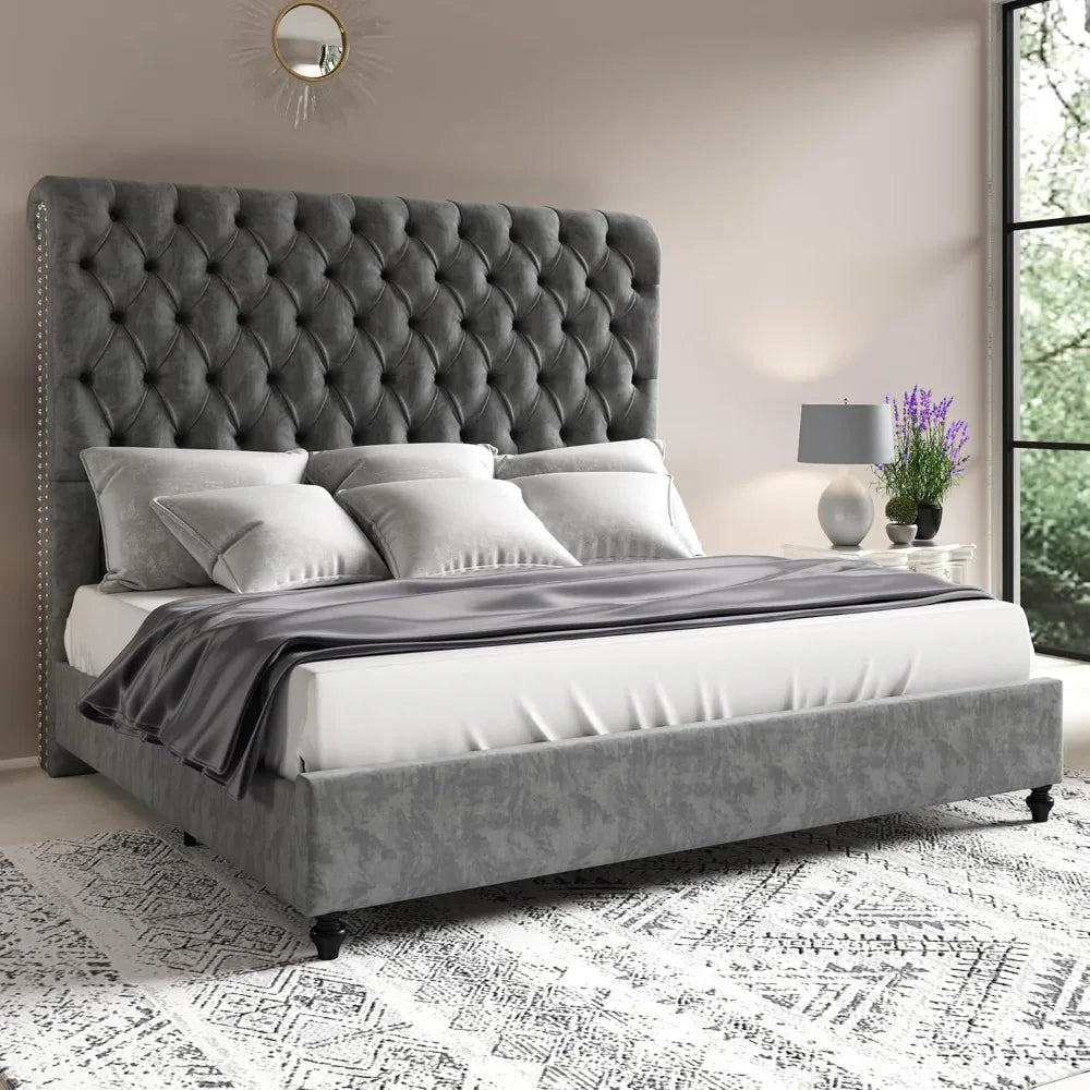 Queen Size Bed Frame with Sleigh Headboard 60" Tall Velvet Upholstered Platform Bed, No Box Spring Needed