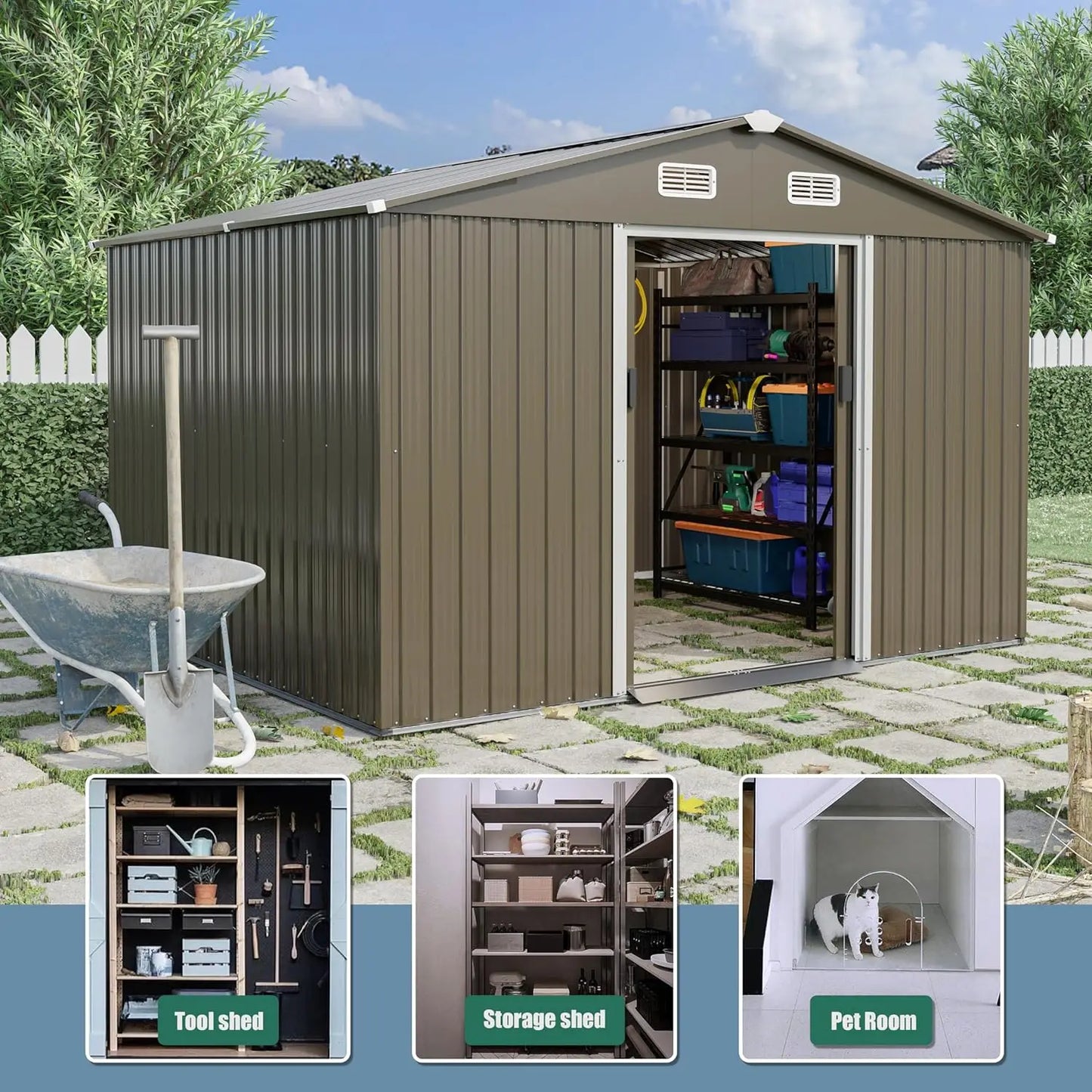 10ft x 8 Shed Garden Storage,Metal Outdoor Storage Sheds with Vents,Hinged Door and Padlock,Practical Tool for Storing Bicycles