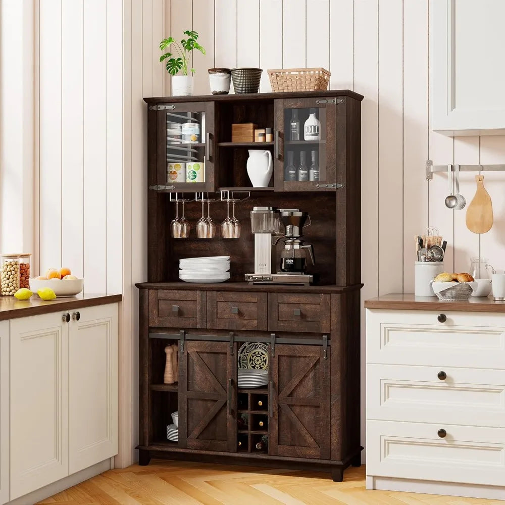 Sliding Barn Door & LED Lights, Sideboard Buffet Cabinet with Wine Bottle Rack, Drawers, Storage Cabinet for Kitchen