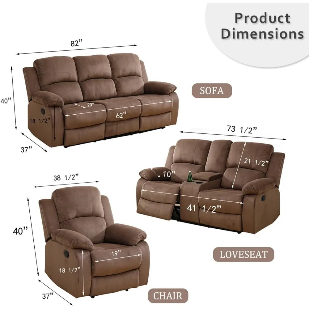 Sofa Set Living Room Furniture Reclining Couch Set with Cup Holders/Storage Console/Drop Down Table Fabric Recliner Sofa Set