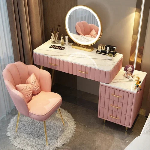 Coiffeuse de maquillage rose pour femmes, tiroir, miroir, table de toilette, support, meuble de rangement, coiffeuse de chambre, meubles de maison