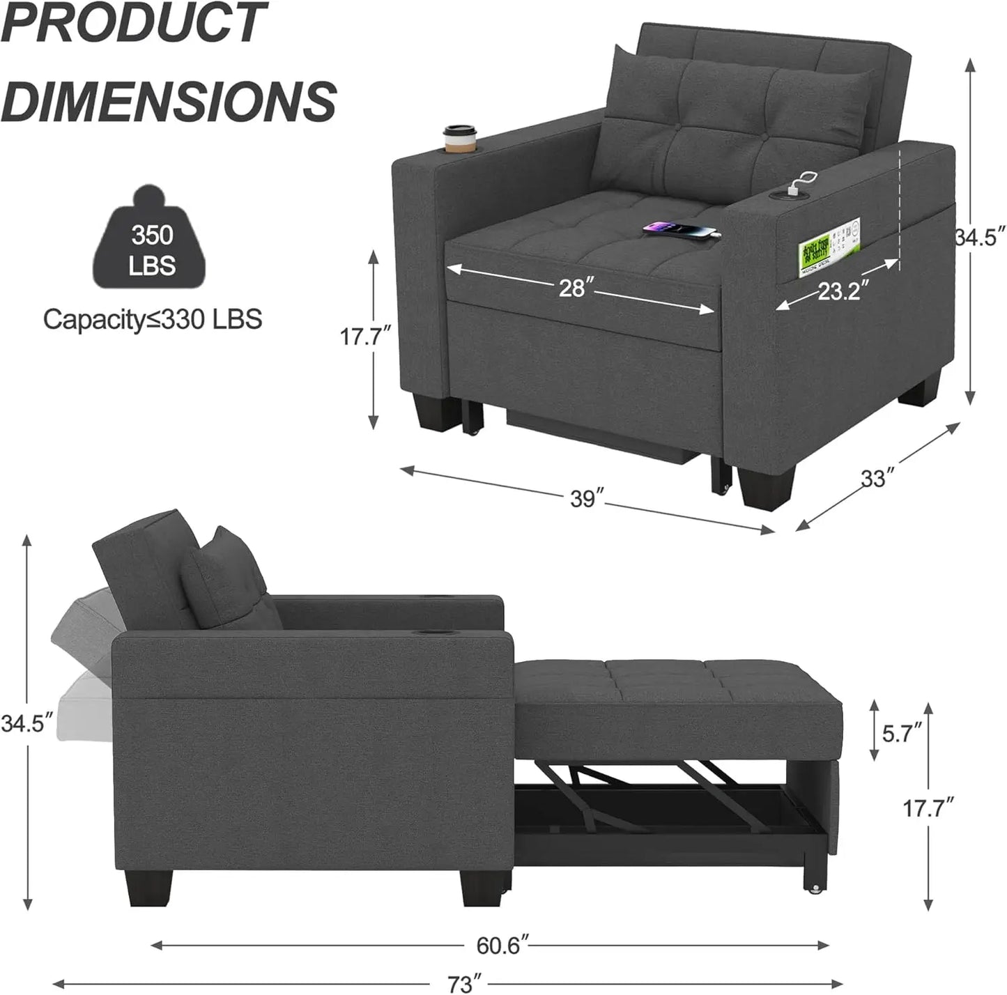 Sofa Bed, Wood Bedframe, for Living Room Bedroom Office, Pull Out Modular Sofa Bed Convertible Living Room Furniture