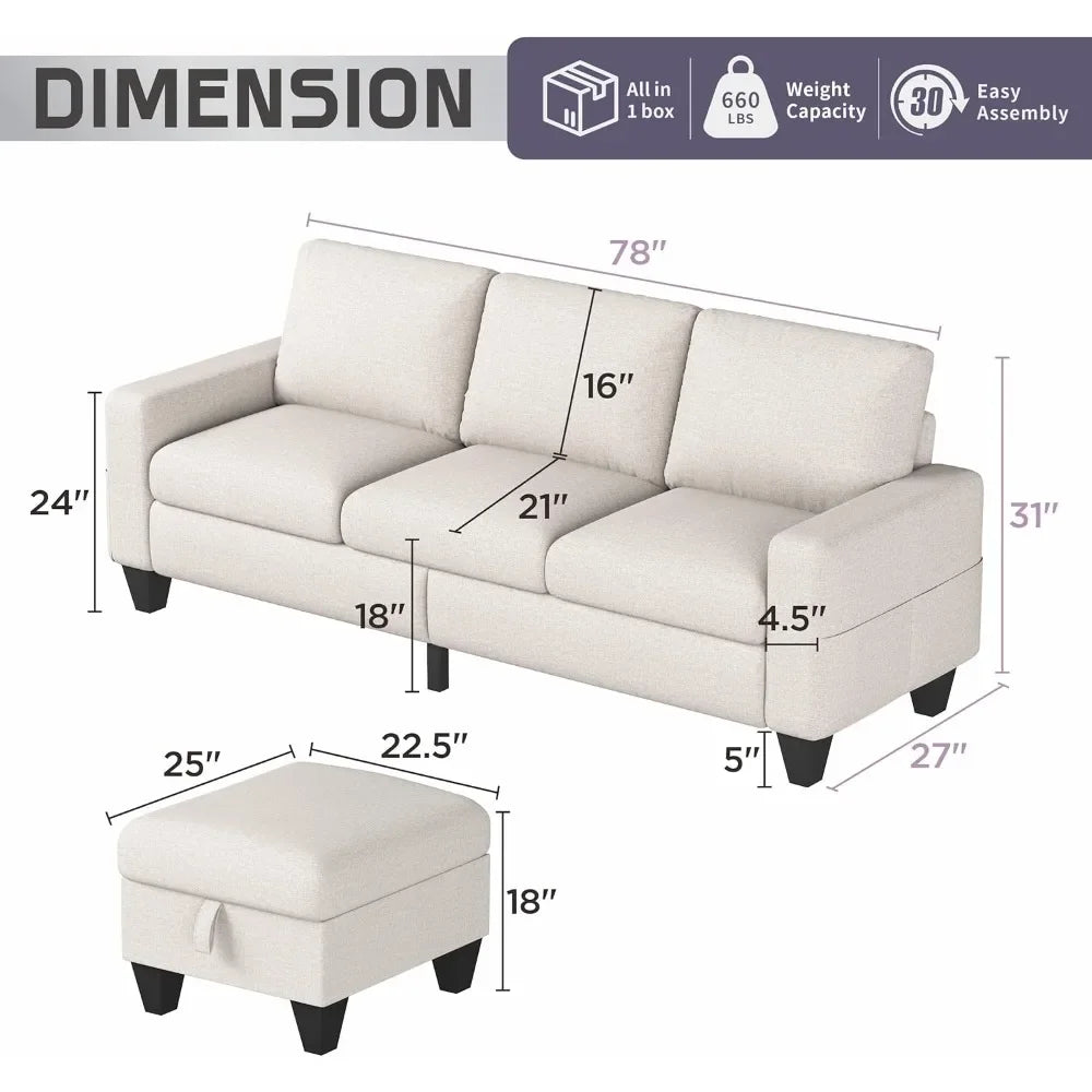 Convertible Sectional Sofa Couch：Modern Sofa Couches with Reversible Storage Ottoman & Side Storage Pockets—3-Seat L-Shaped