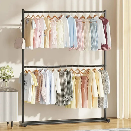 Simple Rolling Clothes Rack Floor Hanger Living Room Wardrobe Shoerack Shelves Double Layers Coat Hanger Stand Home Furniture