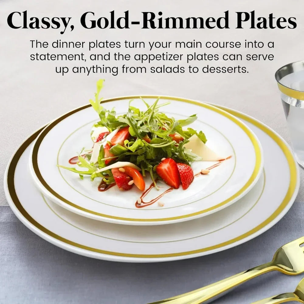 600 Piece Gold Disposable Dinnerware Sets, 200 White and Gold Plates, Set of 300 Gold Plastic Silverware, 100 Plastic Cups