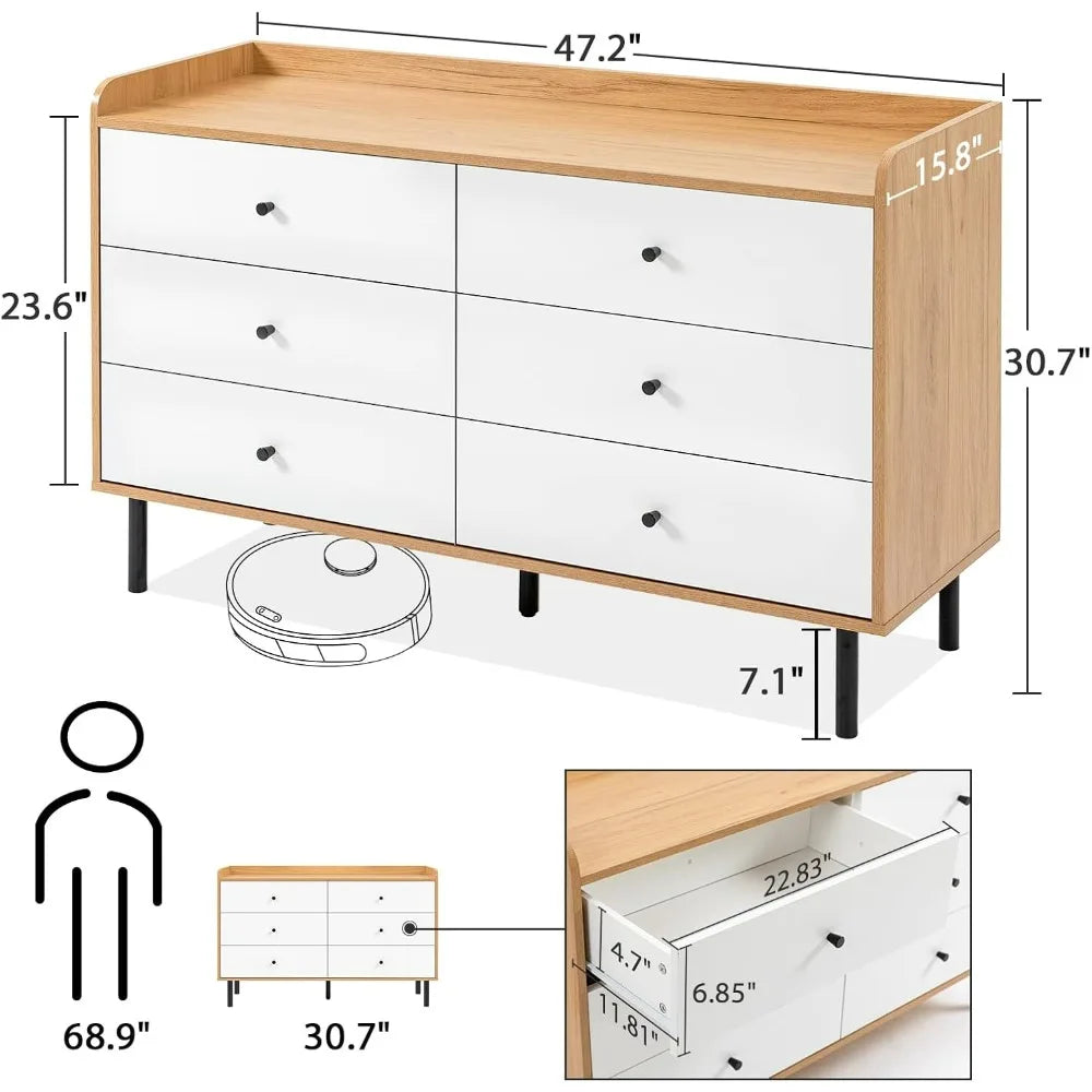 Dresser with 6 Drawers and Metal Handle,Sturdy Frame Modern Bedroom Furniture, Chest of Drawers, White Dressers with Drawers