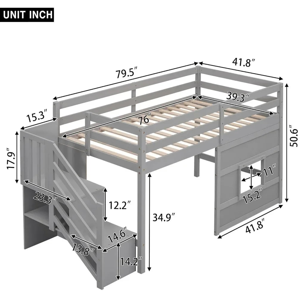 Cama loft doble de tamaño doble para niños, cama loft doble con escalera de almacenamiento y ventana, estructura de cama de madera para adolescentes, niños y niñas (gris)