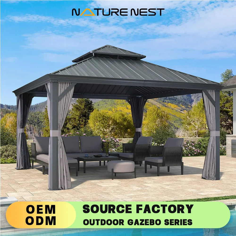 Auvent pare-soleil 13' X 13' Gazebo Jardin Cour Abri solaire Barbecue Balcon moderne Terrasse Pavillon à quatre coins Auvent Patio