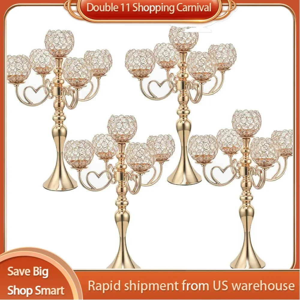 Paquete de 4 candelabros y candelabros de cristal dorado de 5 brazos para decoración de mesa de comedor de boda y hogar