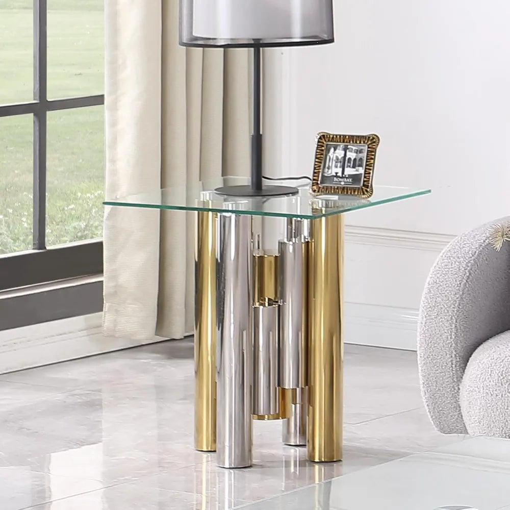 Mesa auxiliar de vidrio transparente con base irregular de acero inoxidable dorado y plateado Mesa auxiliar rectangular de lujo para sofá