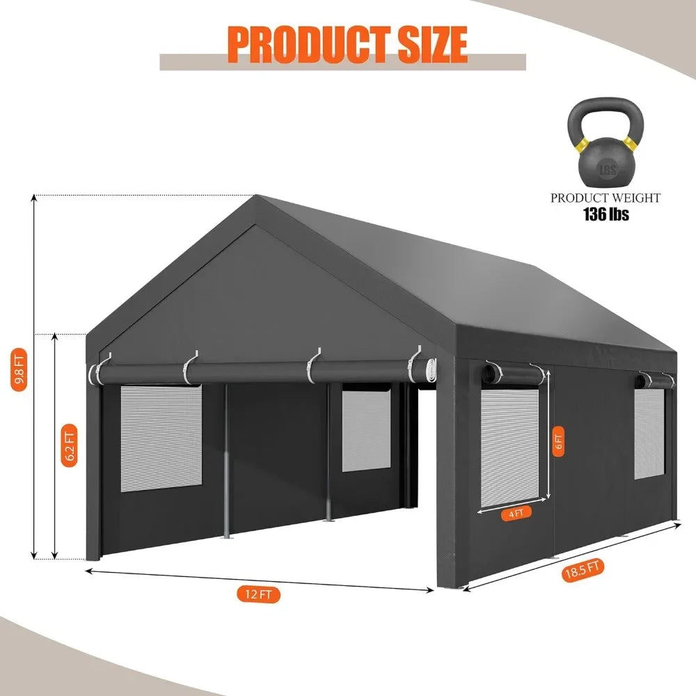 Carport Garage Boat Heavy Duty Carport Canopy With Roll-up Windows Truck Car Canopy 12x18.5 Ft With All-Season Tarp for Car Home