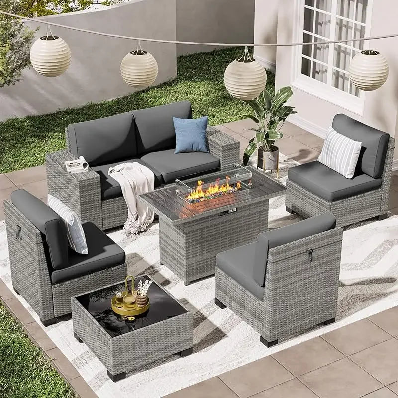 QPatio Furniture Set, 7-Piece Outdoor Sectional with Waterproof Cover, All-Weather Wicker Patio Conversation Sets for Backyard (