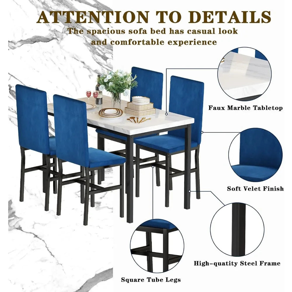 Ensemble de table à manger pour 4 personnes, plateau en faux marbre de style moderne et 4 chaises en velours bleu pour salle à manger, cuisine, petit-déjeuner et petits espaces