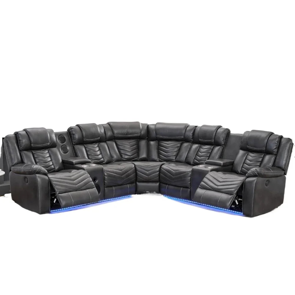 recliner，Power Reclining Sectional Couch with Bass Speaker Recliner Reclining Sectional Sofa with LED Light Faux Leather