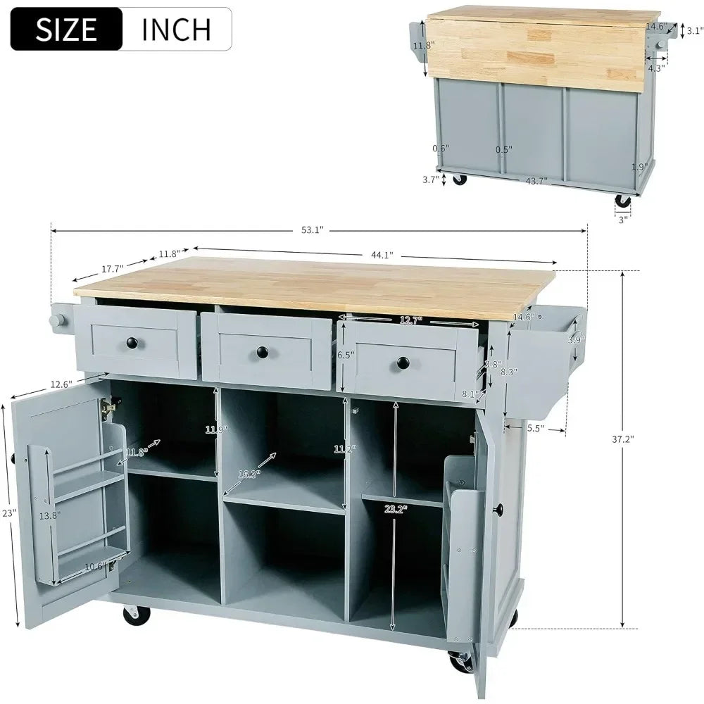 table d'îlot de cuisine, îlot de cuisine avec abattant, îlot de cuisine en bois sur roulettes avec supports de rangement internes (gris bleu, 53,1" de profondeur)