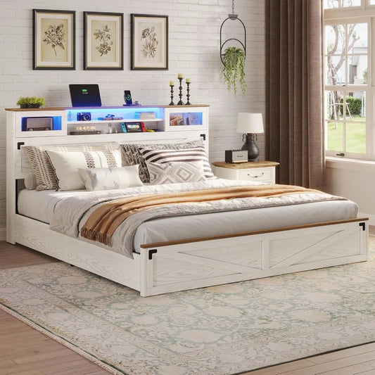 Bed Frame King Size with Bookcase Headboard and 2 Drawers, Wooden Platform King Bed with LED Lights and Charging Station