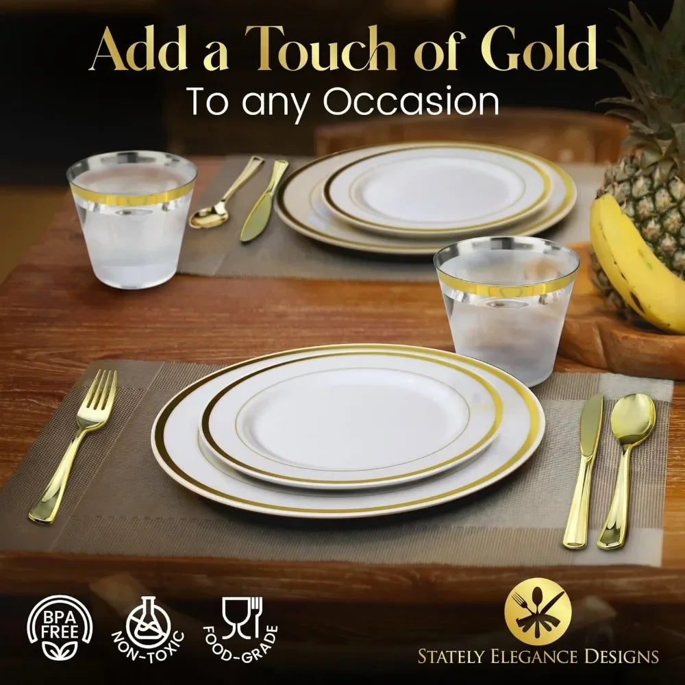 600 Piece Gold Disposable Dinnerware Sets, 200 White and Gold Plates, Set of 300 Gold Plastic Silverware, 100 Plastic Cups