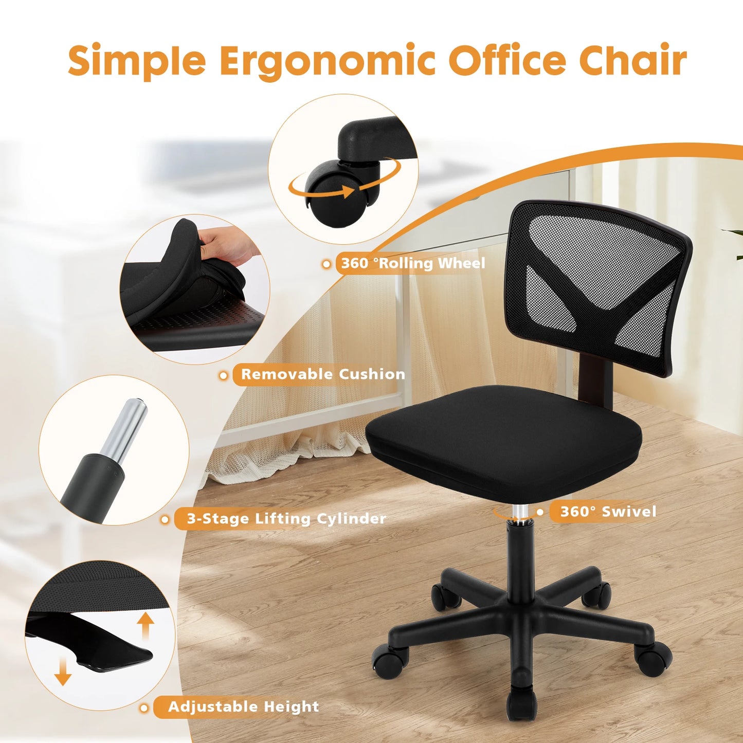 JHK Mesh with Lumbar Support Armless Office Chair Low Back with Wheels Adjustable Height 360° Rolling Swivel Computer Chair