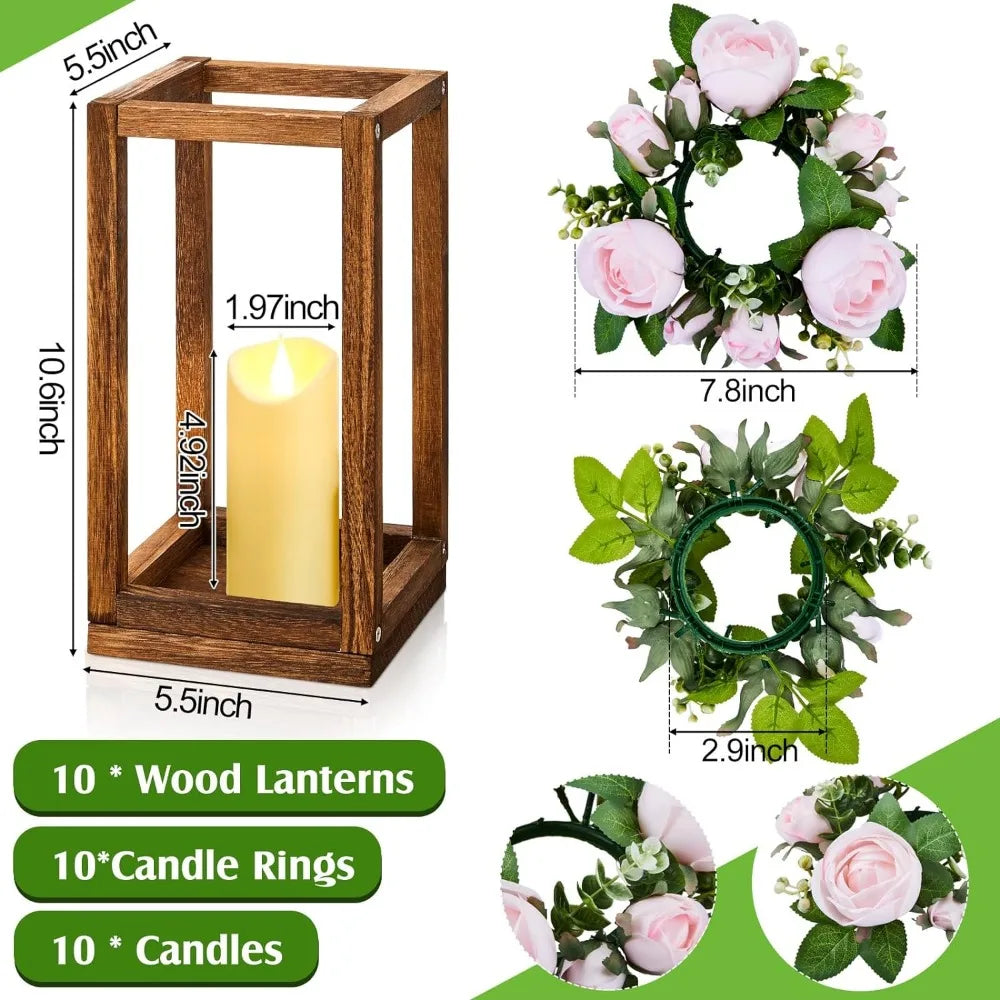 30 piezas de linternas de eucalipto para bodas, centros de mesa, candelabros de madera, velas, rosas para decoraciones de mesa decorativas, regalo de fiesta