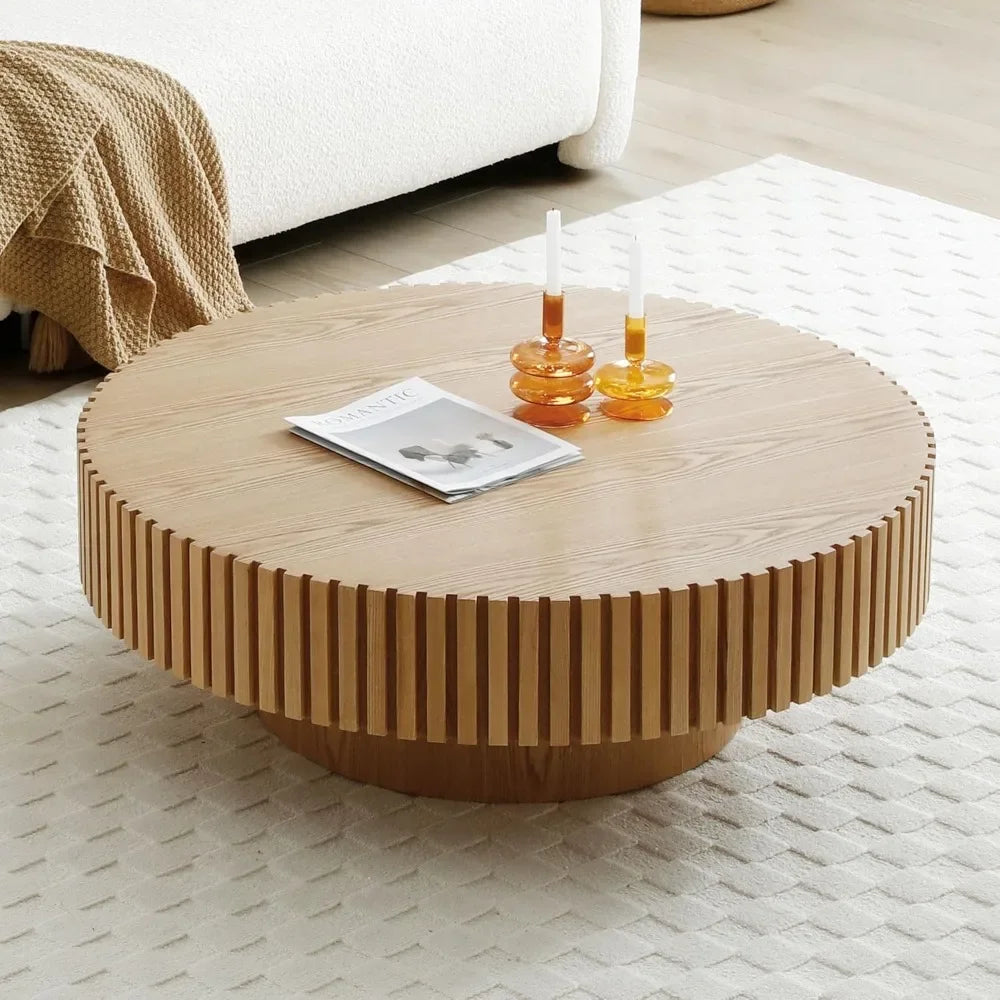 Mesa de centro redonda de 31,49'', mesa auxiliar de madera para sala de estar, mesa auxiliar moderna y contemporánea con tambor estriado circular, fácil montaje para