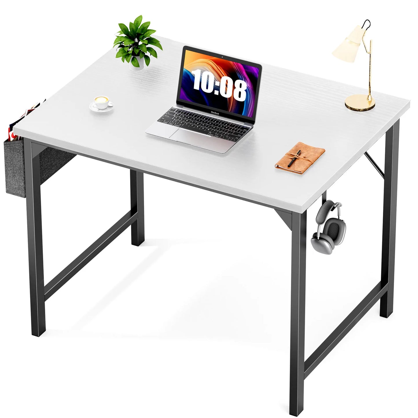 Escritorio de computadora JHK, mesa de estudio, oficina, juegos, estilo moderno y simple, compacto, con bolsa lateral, gancho para auriculares, fácil montaje