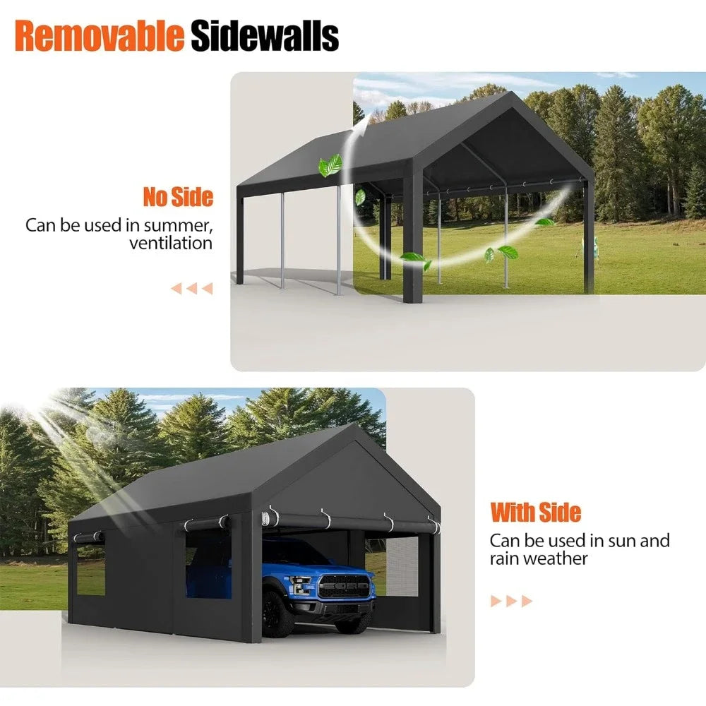 Carport Garage Boat Heavy Duty Carport Canopy With Roll-up Windows Truck Car Canopy 12x18.5 Ft With All-Season Tarp for Car Home