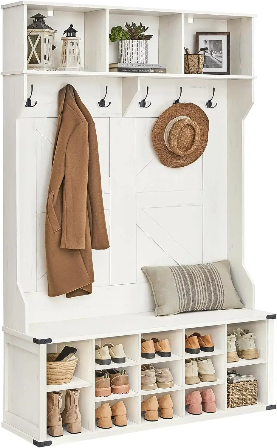 White Hall Tree with Bench and Shoe Storage, Coat Rack with Shoe Bench, Entryway Furniture, 6 Tri-Hooks, Farmhouse Wooden Style