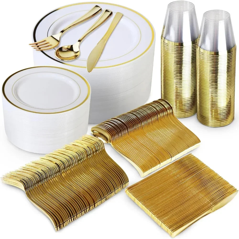 600 Piece Gold Disposable Dinnerware Sets, 200 White and Gold Plates, Set of 300 Gold Plastic Silverware, 100 Plastic Cups